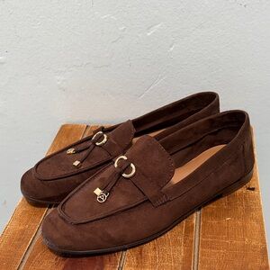 Aldo Dark Brown Suede Loafers with Gold Accents